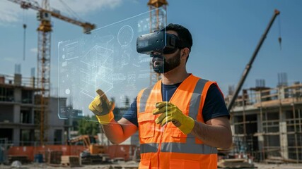 Male construction worker using vr headset and touching digital display. Future of construction digital technology with virtual reality visualization software concept.