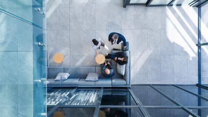 Poster - Business people, above and strategy in office with collaboration, financial pitch with document for meeting. Top view, tax accountant and table teamwork with budget paper for economy in building