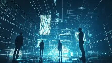 Wall Mural - Futuristic digital landscape with silhouettes in blue