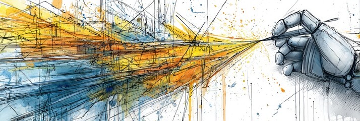 Aufkleber - Robotic Hand Creating Abstract Art With Algorithmic Lines in Contemporary Studio Setting