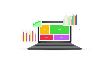 Poster - Business analytics and ads conversion showing on the laptop screen with floating shapes, 4k animation. Finance, advertisement, leads.