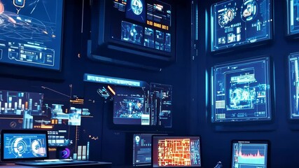 Poster - Futuristic control room monitoring with advanced digital interfaces and data visualization