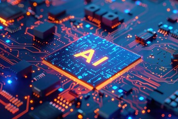 Poster - The picture of the neon mainboard and cpu made with semiconductor material, the semiconductor is the material that has electrical conductivity between that of the conductor and the insulator. AIG51.