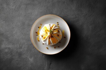 Poster - Bright Pavlova Dessert Topped With Fresh Passion Fruit on a Minimalist Plate Against a Dark Background