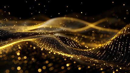 Poster - Elegant picture of gold light sparkling particles scattered across a deep black background, create an abstract bokeh effect perfect for designs that aim to evoke a sense of luxury and elegance. AIG53.