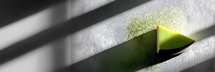 Leinwandbilder - Delicate Slice of Matcha Cake Illuminated by Abstract Shadows on Textured Surface