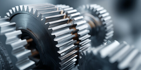 Poster - Close-up of metallic gears, showcasing intricate detail and precision engineering, symbolizing industry, mechanism, and complex processes