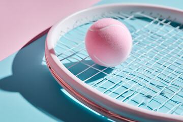 Aufkleber - pink tennis ball on pastel blue and pink tennis racket, showcasing vibrant colors and minimalist aes