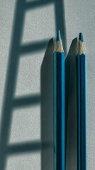 Poster - Two teal pencils stand against a textured wall, a ladder's shadow cast beside them.  Image evokes creativity, potential, and upward progress