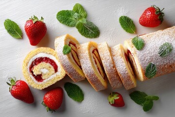 Poster - Delicious Sliced Swiss Roll Cake With Strawberry Filling and Fresh Mint in a Clean Flatlay Arrangement Showcasing Dessert Perfection