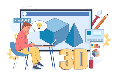 Poster - Man 3d designer. Young guy modeling cube and pyramid. Graphic designer creating isometric design elements for website. Creativity and art. Linear vector illustration