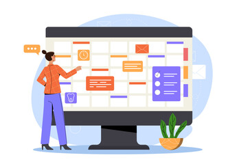 Poster - Woman with online calendar. Young girl near computer with calendar. Application for planning and scheduling. Time management and organizing effective work process. Flat vector illustration