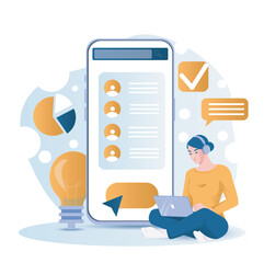 Poster - online call center. woman in headset with laptop near huge smartphone. hot line operator responds to
