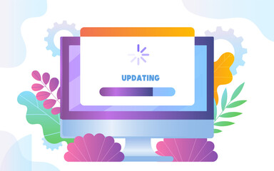 Aufkleber - Software updating concept. Computer with update progress bar. Software installation. Hardware upgrading. Downloading and uploading file process. Flat vector illustration