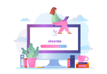 Poster - Woman updating software. Young girl with computer uploading operating software. Programmer downloads files. Fixing problems, troubleshooting and computer maintenance. Flat vector illustration