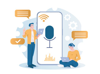 Poster - People record voice messages. Man and woman near smartphone. Online conversation and discussion. Communication in social networks and messengers. Flat vector illustration