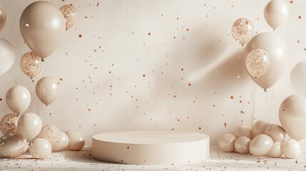 Poster - Elegant Beige Balloons Festive Party Background Modern Pastel Podium Display Minimalist Studio Product Presentation Mockup Neutral Tones Soft Colors  