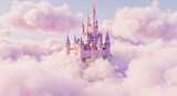 A majestic pink castle floats gracefully among soft, pastel-colored clouds in the sky.