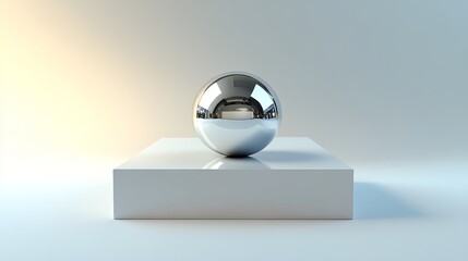 Poster - Reflective Chrome Sphere on Minimalist White Cube Studio Background Modern Product Display Elegant 3D Render High Resolution Image Clean Design       