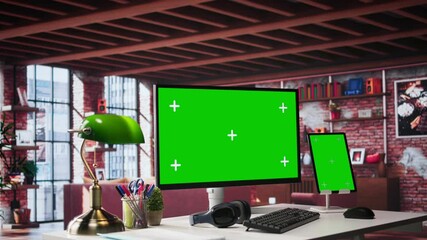 Fototapete - classy minimalist space featuring a copy space display on pc monitor. bright loft style apartment sh