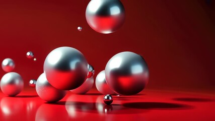 Poster - Silver spheres dancing seamlessly on vibrant red surface in dynamic motion sequence
