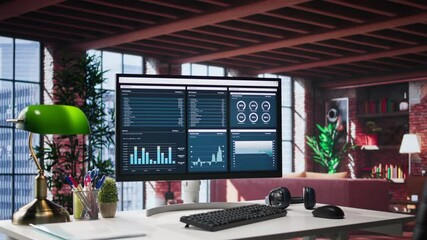 Fototapete - desktop pc on the wooden desk showcases infographics and client reach data for professional use, ana