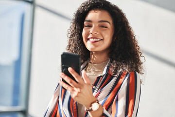 Leinwandbilder - Woman, smartphone and smile in office for notification, email and online review for career. Technology, happy or legal consultant in law firm and pride for feedback, information or internet agreement