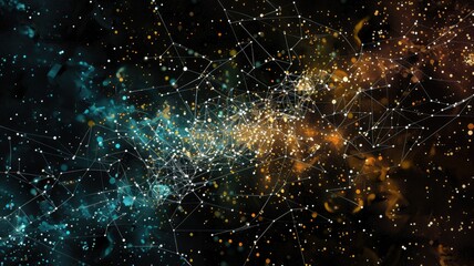 Poster - Abstract digital network with interconnected nodes and lines on a black background. Glowing vibrant color dots and lines connecting together at black background. Futuristic and technology. AIG53.