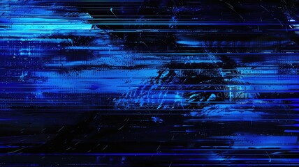 Poster - Abstract of blue glitch with pixel effect in graphic background use shading and monochrome to express mysterious and complex design through wave texture convey sense of horror digital scene. AIG53.