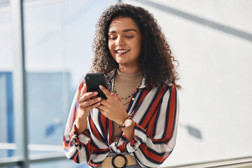 Aufkleber - Fashion designer, happy and typing on smartphone in office, smile and communication and contacting fabric suppliers. Social networking, email and business on app, entrepreneur and online or website