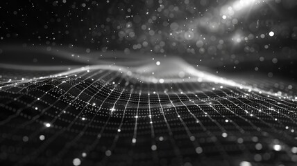 Poster - Futuristic digital network visualization with glowing nodes and lines on a dark background. Abstract image of white smoke and glowing light sparking in dark background. Digital art for design. AIG53.