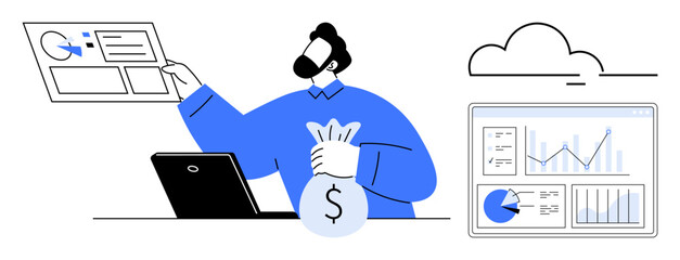 Poster - man holding a bag with a dollar sign, analyzing financial data on screen, showcasing cloud-based dat