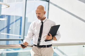 Aufkleber - Smartphone, man and notification in office for business meeting, report and email or review. Professional person, lawyer and documents or folder and technology for schedule, internet and online app
