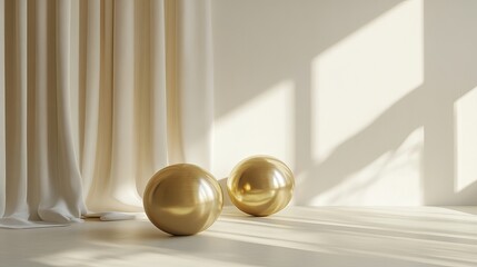 Poster - Elegant Golden Spheres Minimalist Interior Design Studio Shot Neutral Cream Background Simple Luxury Product Display Mockup Soft Light Subtle Shadows Modern Aesthetic Clean Lines Smooth Surface       