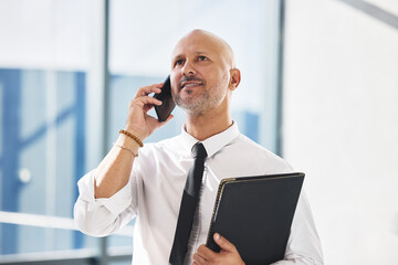 Aufkleber - Mature man, phone call and investor for business deal in office, advisor and feedback on agenda. Male person, negotiation and talking to client for progress development, chat and sales conversation