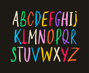 Aufkleber - Crayon drawn childish cute font. Hand-drawn colorful simple vector alphabet.