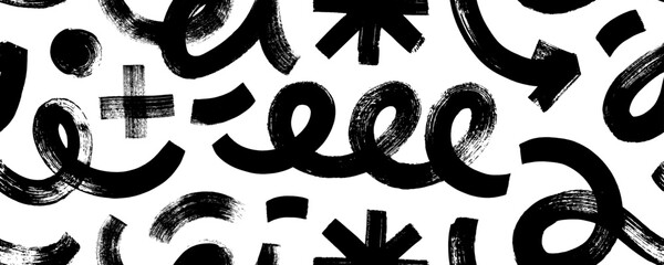 Poster - Bold brush drawn geometric shapes and squiggle lines seamless pattern. Doodle grunge background with funky shapes, forms and curly bold lines. Hand drawn brush strokes with dry rough texture.