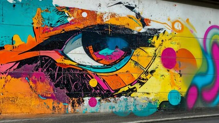 Poster - Vibrant street art timelapse: colorful eye mural transformation on urban wall