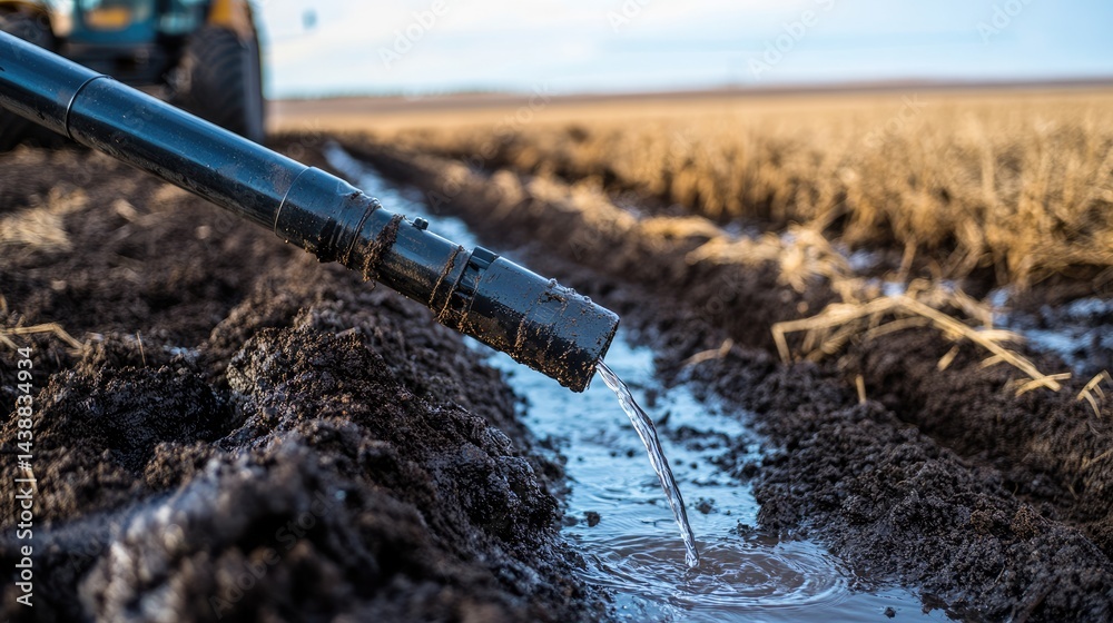 Drip head attached to lateral pipes dripping water onto dry soil Stock ...