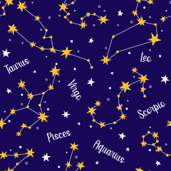 zodiac constellations pattern on dark blue sky. zodiac signs seamless vector background. cute stars,