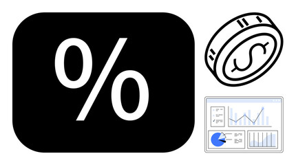 Poster - percentage sign, coin with dollar mark, and analytics dashboard displaying graphs and pie chart. ide