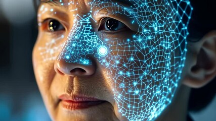 Poster - Facial recognition technology demonstrated through dynamic digital wireframe overlay