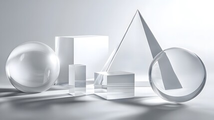 Poster - Abstract 3D render of glass geometric shapes: spheres, cubes, and a pyramid.  Clean, minimalist aesthetic on a light grey background. Ideal for modern design concepts.