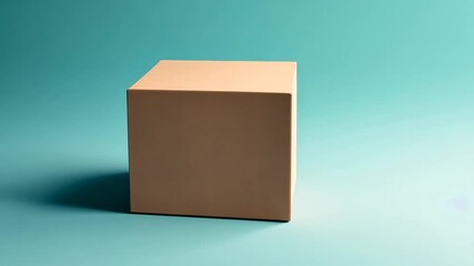 Poster - Rotating beige cube on turquoise background: smooth transition and shadow play