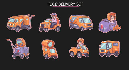 Poster - Cartoon food delivery set featuring futuristic vehicles and drivers for online orders and express shipping solutions