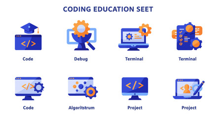 Fototapete - Coding education and software development process with coding, debugging, terminal, algorithm, and project icons for educational resources
