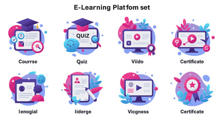Fototapete - E-learning platform set offers online courses, quizzes, videos, and certificates for diverse educational needs and digital learning resources