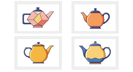Poster - Four teapots in frames on white background showcasing modern design and colorful illustration for kitchen decor or tea-related themes