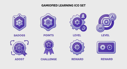Fototapete - Gamified learning icon set presenting badges, points, levels, challenge, reward and adost for digital education and online courses