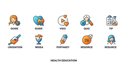 Poster - Health education icons set featuring guide, video, quiz, tip, and resource in modern flat design, for health and wellness learning